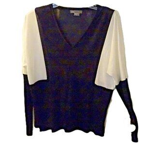 Vince XS Long Sleeve Top | Black‎ Tan White Colorblock Blouse Rayon Blend